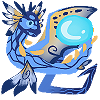 A blue Undertide with orange accents playing with a light blue ball.