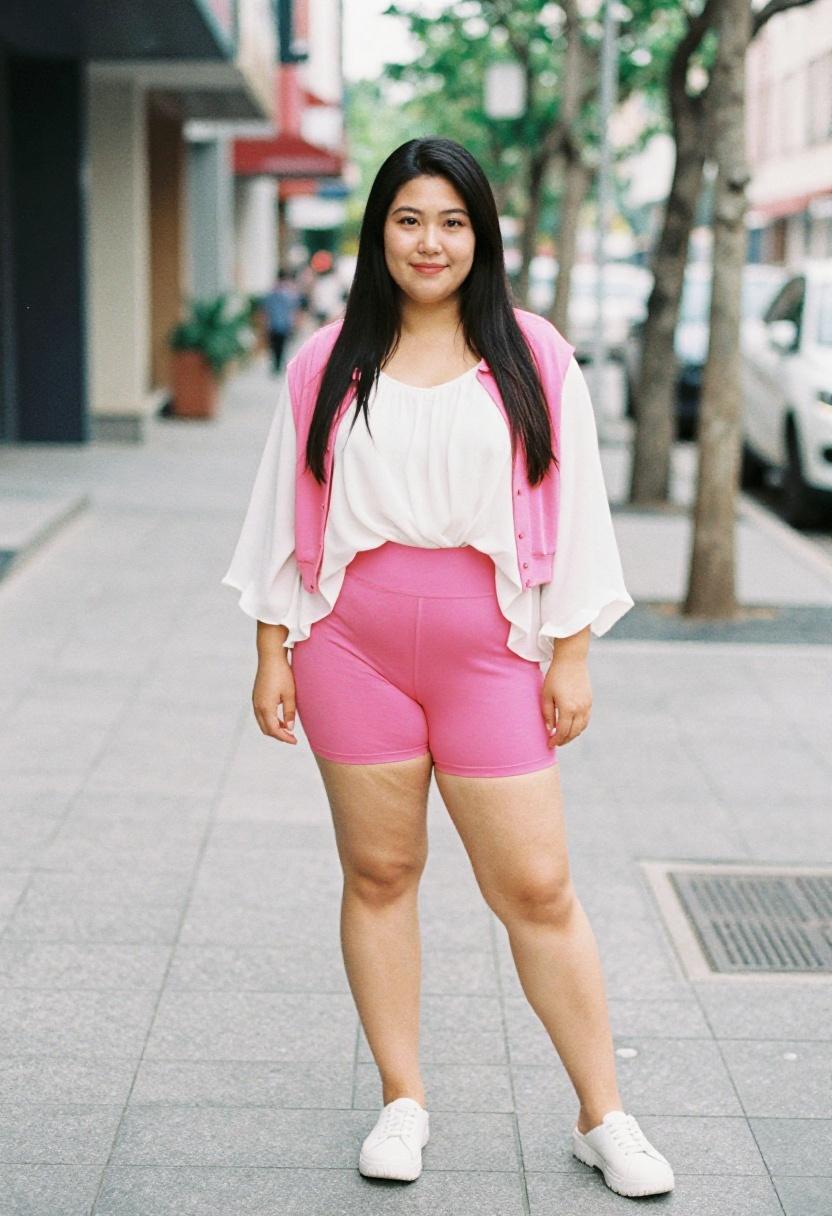 Plus size woman in fuchsia bike shorts with flowy blouse and matching cardigan for a feminine athleisure look