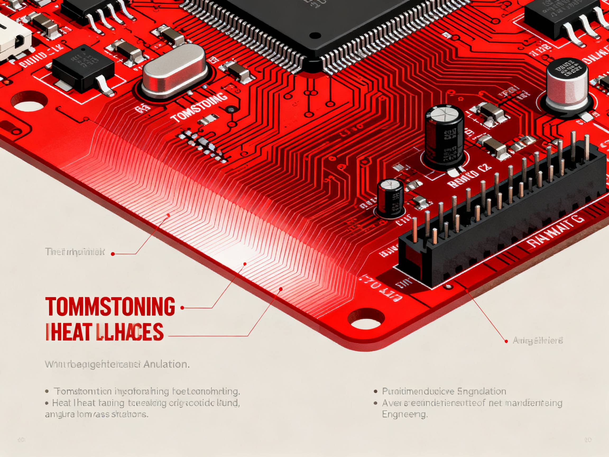 PCB experiencing tombstoning defect (red/black).
