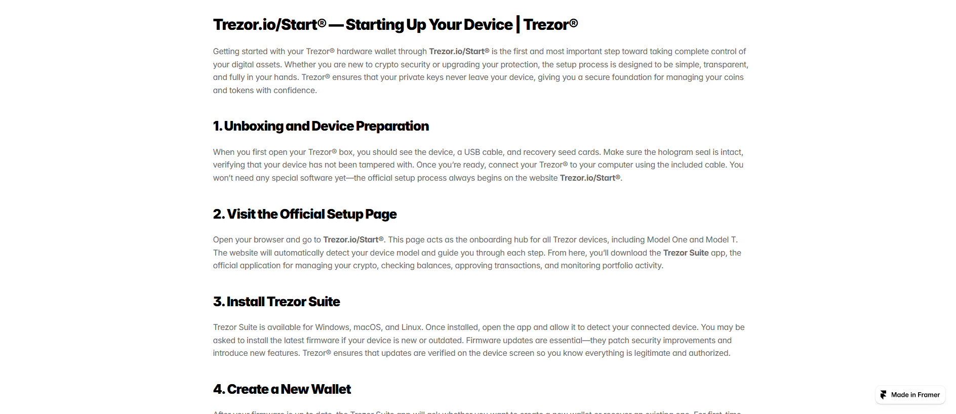 Forensic screenshot of guide-io-start-trezer.framer.ai showing the phishing page layout