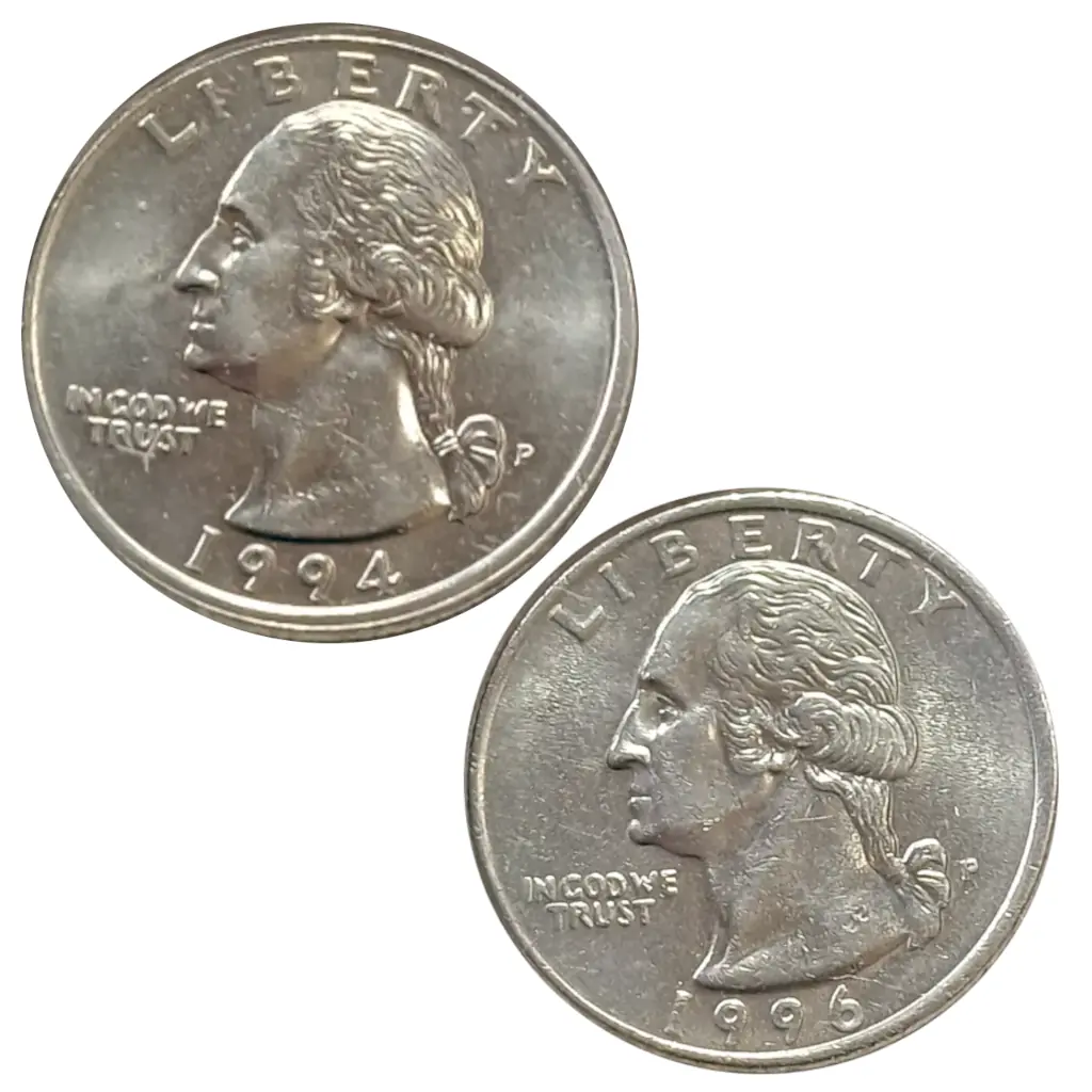 Lote com 2 Moedas Quarter Dollar 1994 e 1996 Letra P