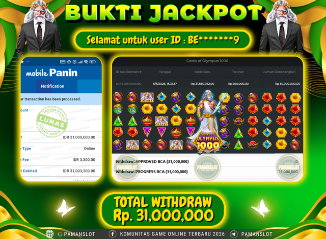 Selamat kepada Member PAMANSLOT Games Gates Of Olympus 1000 : B*******69