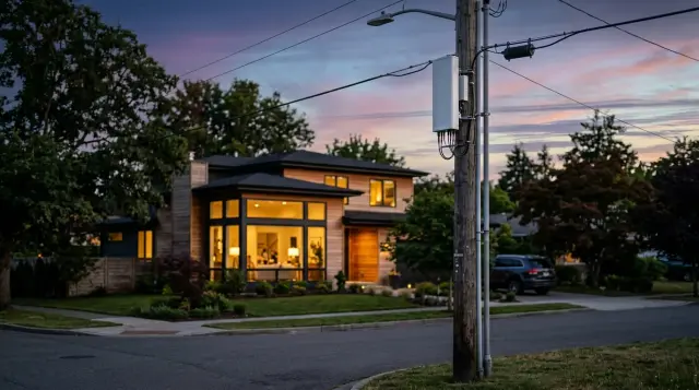 5G small cell tower on utility pole near warmly lit suburban home at dusk
