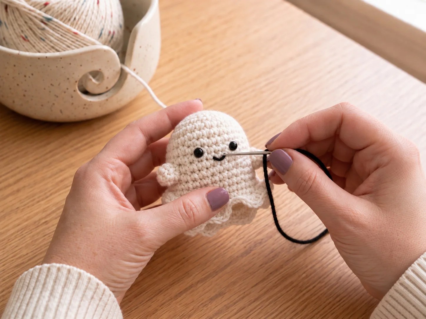 Add the face — Place the small black eyes and embroider the tiny mouth, adding blush placement if you want a softer cute look.