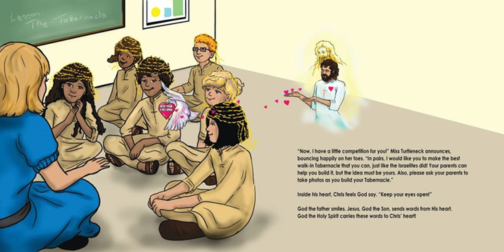 Teacher leads a seated group in class; an illustrated student poster appears beside text on the wall.