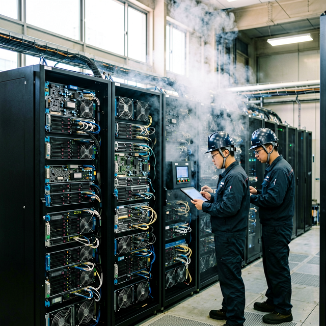 Bitcoin mining facility interior with rows of server racks and cooling systems, engineers in hard hats inspecting equipment, fluorescent ind