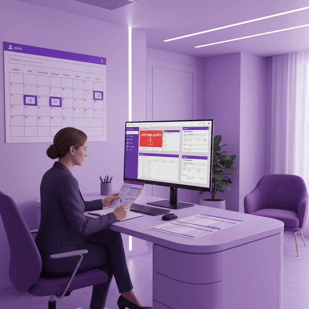 Hotel payroll compliance review with tax forms, calendar, and overtime alerts