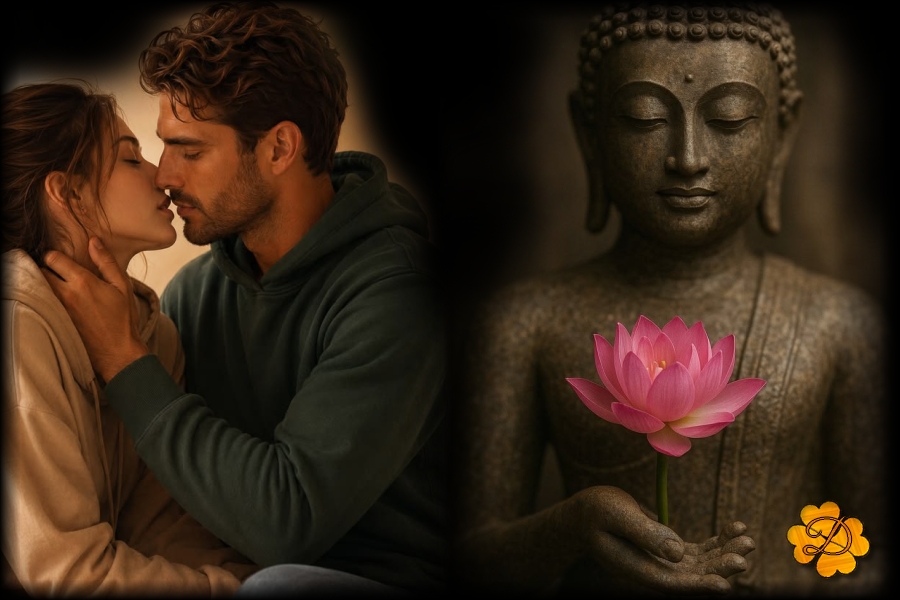 Mladý pár a Buddha s květinou