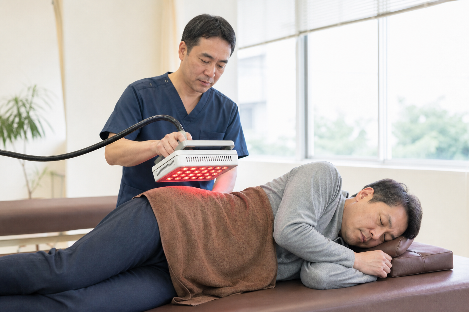 専門職が腰部に非侵襲的なLED光線療法機器を照射している様子