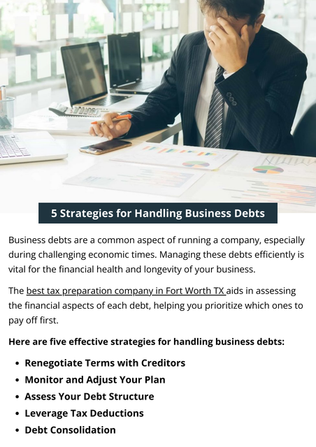 Addressing business debts requires strategic planning. Prioritize repayments by focusing on high-interest debts first. Negotiate with creditors for favorable terms, like extended payment plans or reduced interest rates. Explore debt consolidation options for a more manageable repayment structure. To know more visit here https://www.andreawardcpa.com/tax-planning-preparation-fort-worth-tx