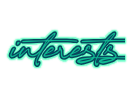teal cursive text tht reads, "interests". teal cursive text tht reads, "interests".