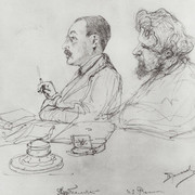 Гр И И Толстой и И Е Репин на заседании в Академии художеств 1885