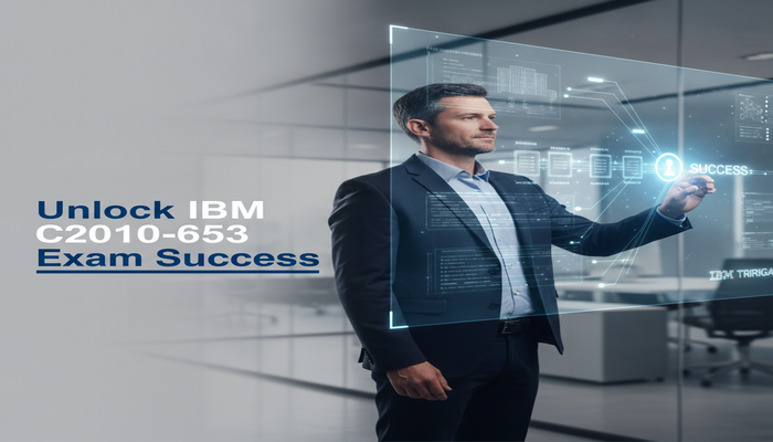Unlock IBM C2010-653 Exam Success A confident developer interacting with a holographic display showing complex IBM TRIRIGA smart building data and a clear, illuminated path to success, symbolizing passing the C2010-653 exam.