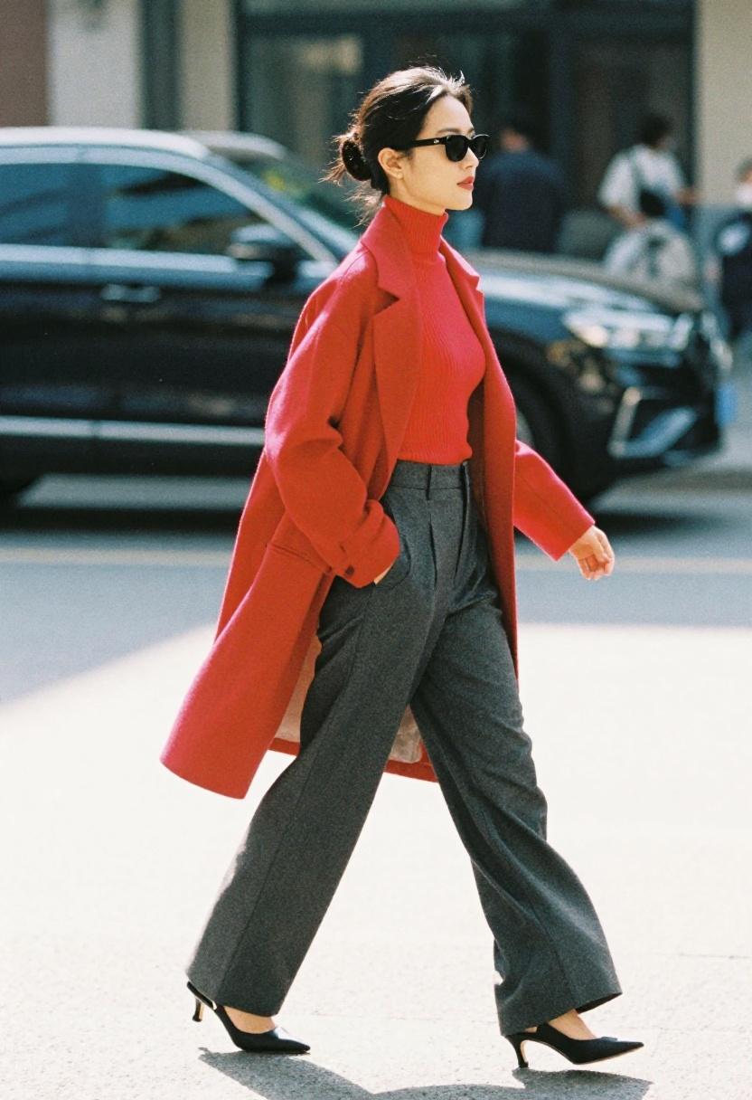 Poppy red turtleneck with a cape-style blazer over charcoal trousers for spring power dressing