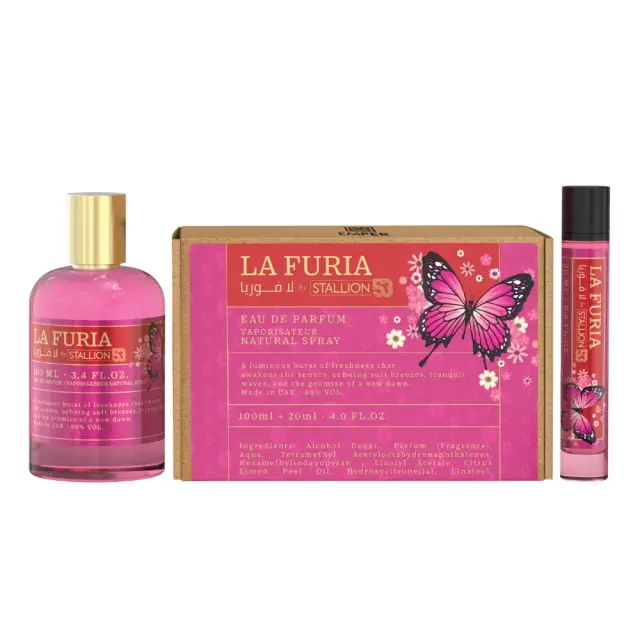 Perfume Árabe La Furia Stallion 53 Set 100ml + 20ml Travel Spray – EDP Dupe Carolina Herrera La Bomba EDP Honduras
