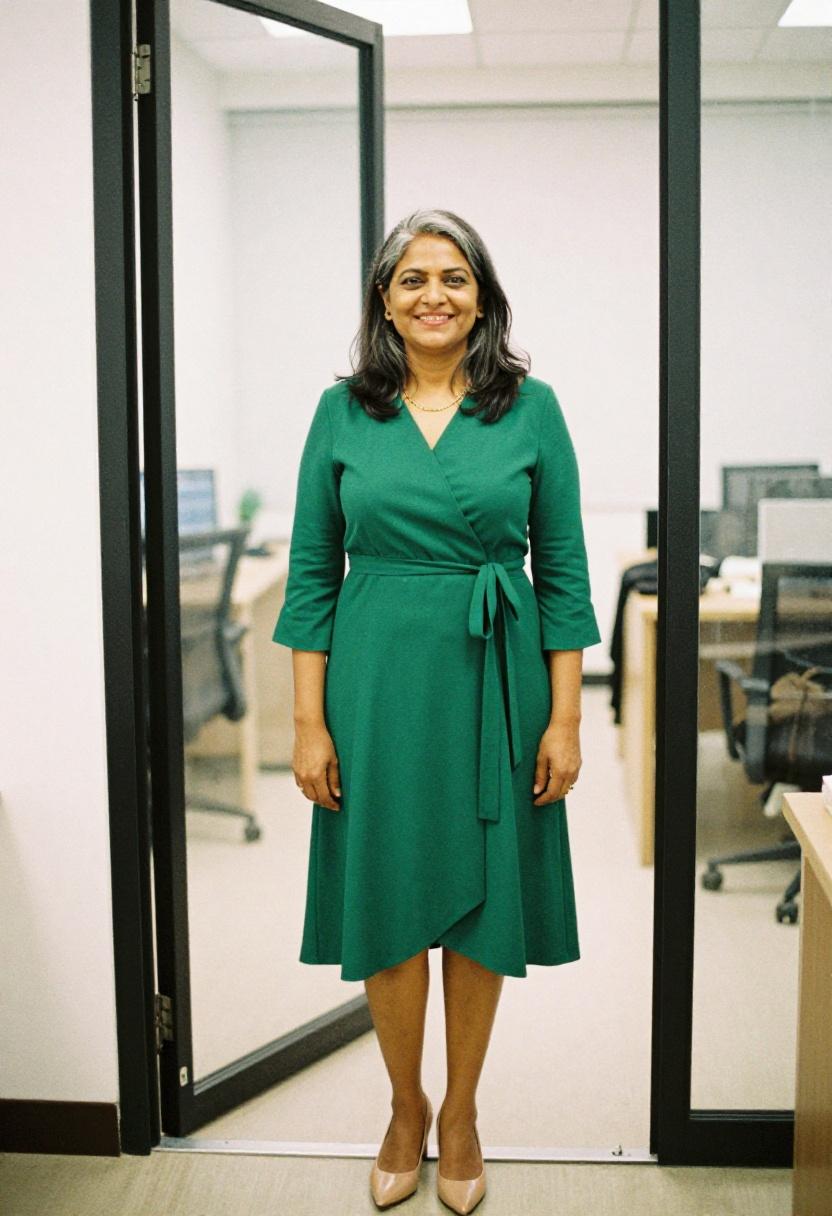Emerald green wrap dress with cinched waist for the contemporary workplace