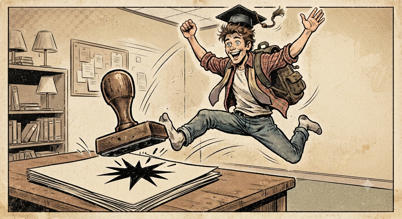 a bright-eyed young college graduate leaping joyfully while stamping a rubber stamp
