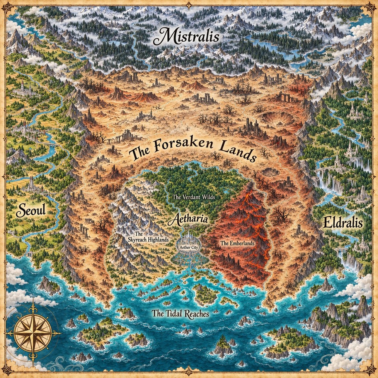 Illustrated map of the Aetharian world showing Mistralis, Seoul, Eldralis, the Forsaken Lands, and Aetharia.