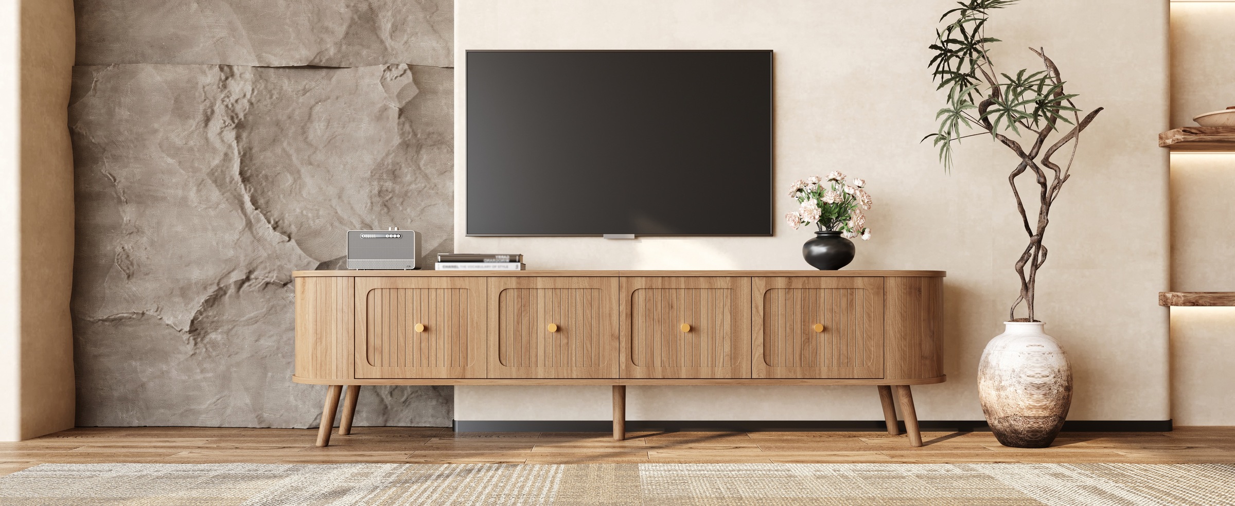 Meuble TV Chêne, Rangement, Design Moderne, Angles Arrondis, Façade Texturée, Structure Robuste - 180x38x47cm - Salon 1