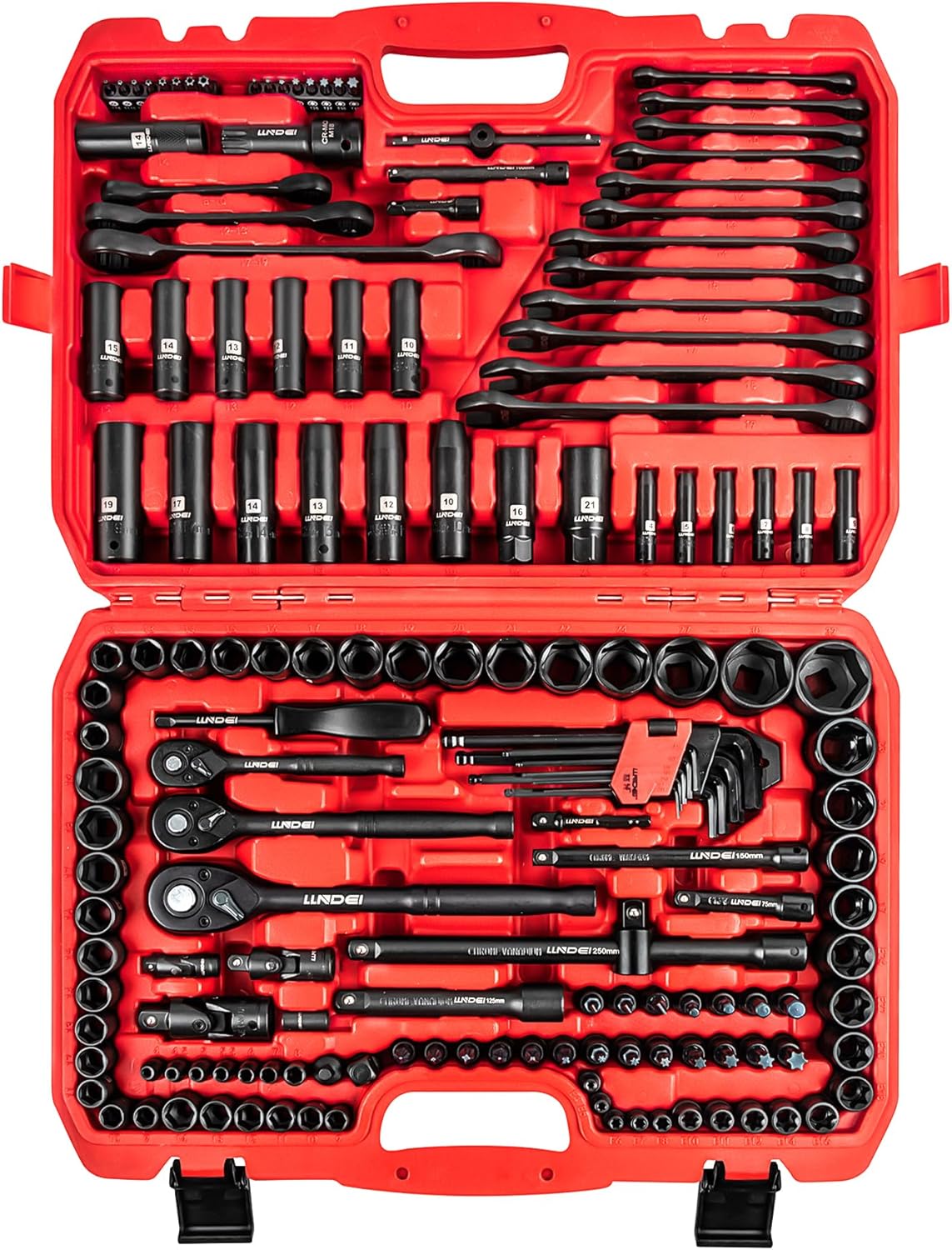 LLNDEI 160-Piece Mechanics Tool Set, Metric Socket Set 1/2 1/4 3/8