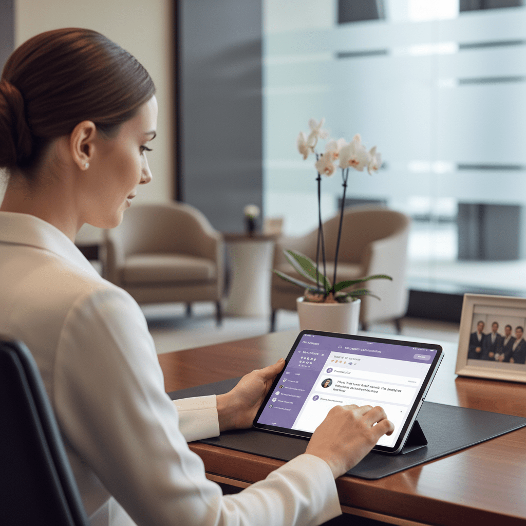 Photorealistic hotel manager replying to guest reviews and messages on a tablet in a calm professional workspace