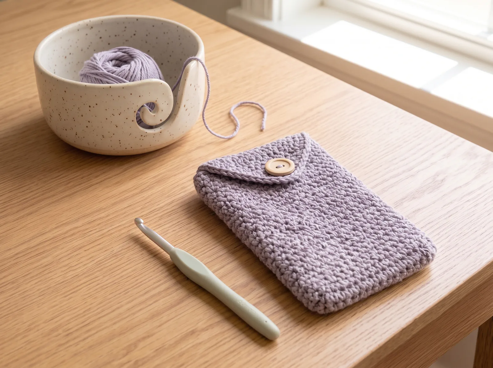 Lavender Everyday Phone Sleeve finished crochet project