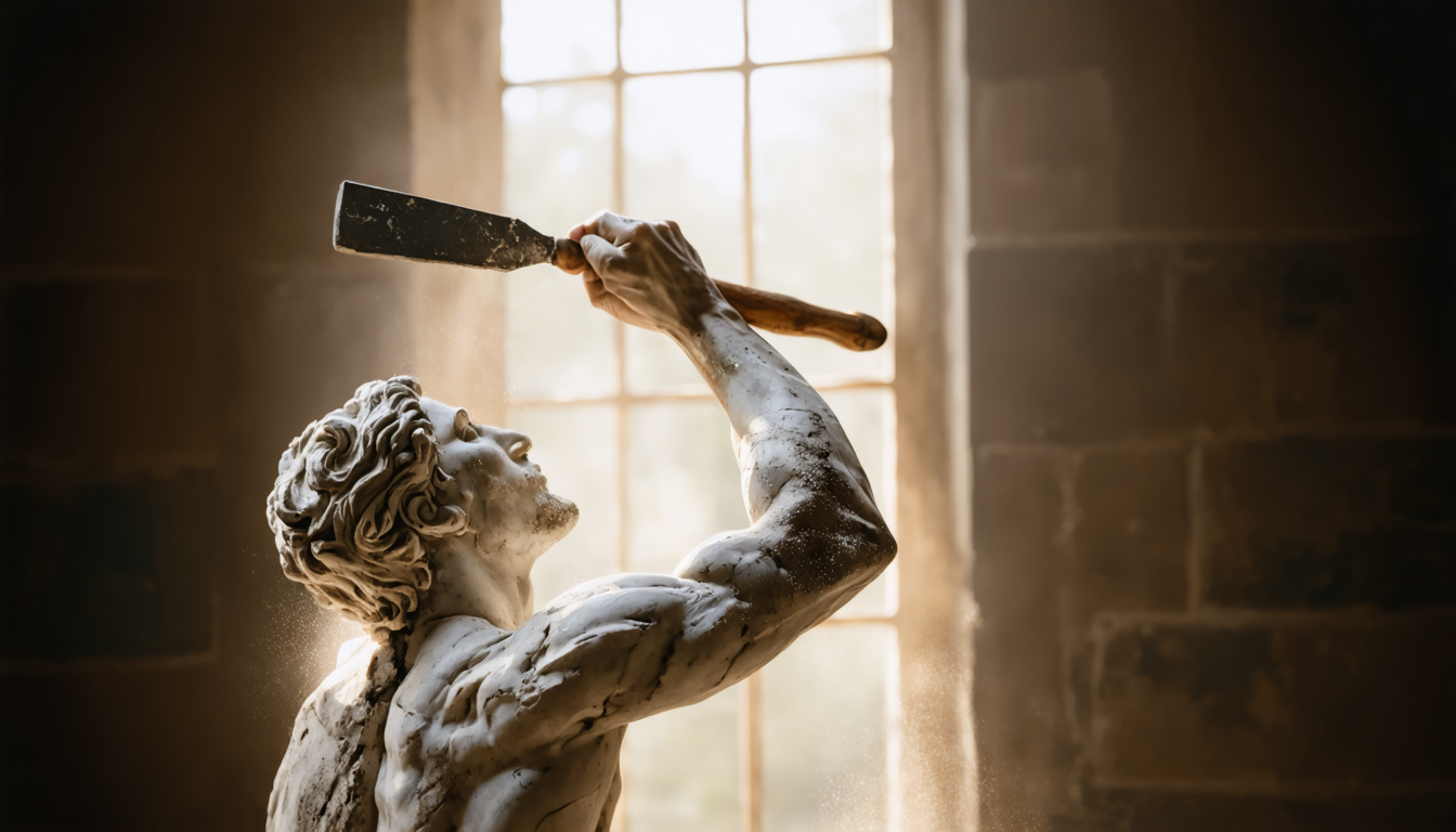 A sculptor's hand mid-air between strikes, marble dust suspended around a half-formed figure.