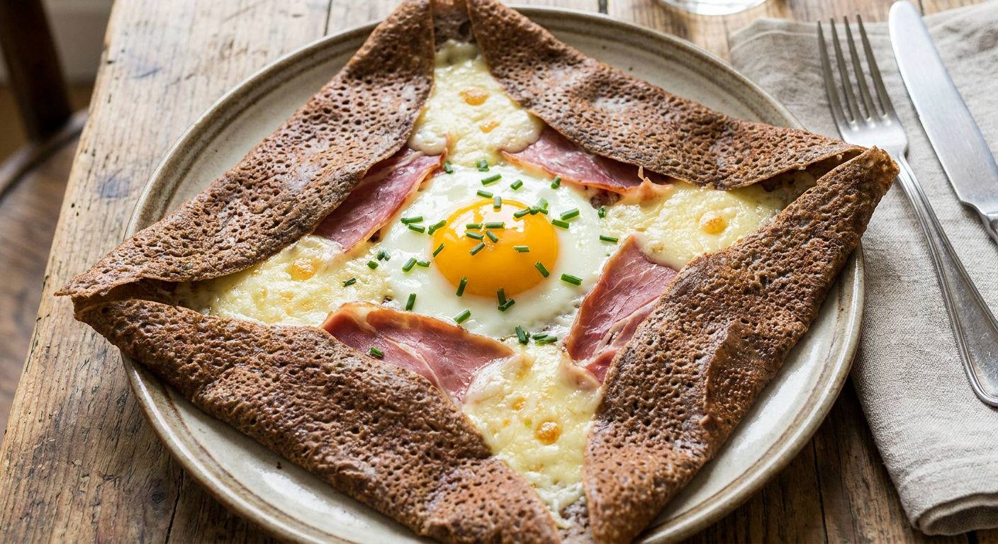 Traditional french buckwheat galette with egg ham and cheese.