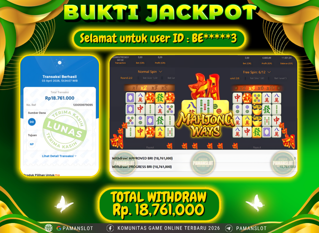Selamat kepada Member PAMANSLOT Game Mahjong Ways : BE*****3