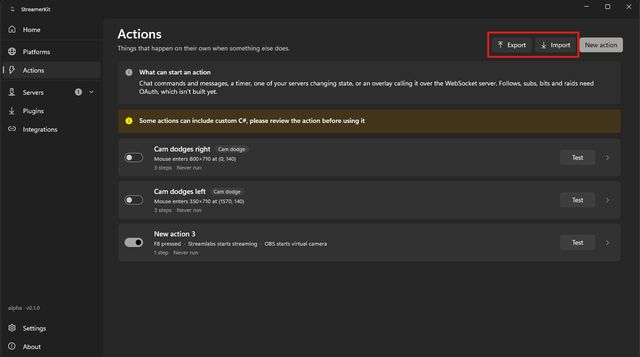 Action import and export options