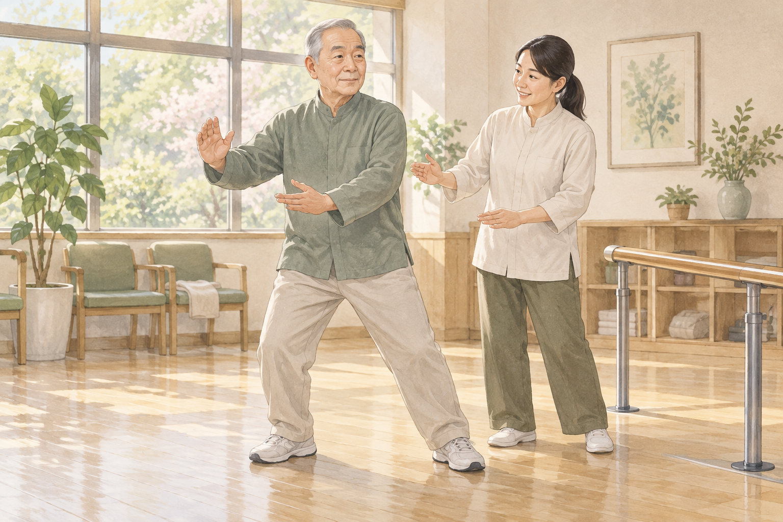 平らな床と支えのある環境でゆっくり重心移動を確認する場面