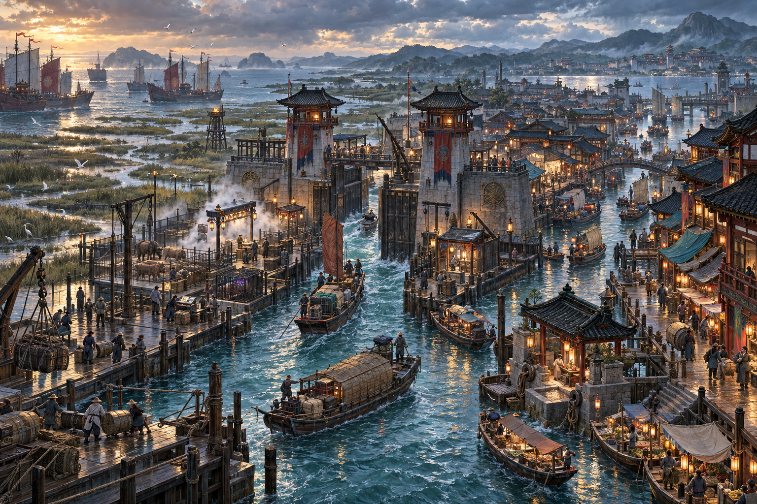 Westpoint, the Flowing Shores of Seoul, with harbors, tidal waterways, ships, markets, and maritime roads