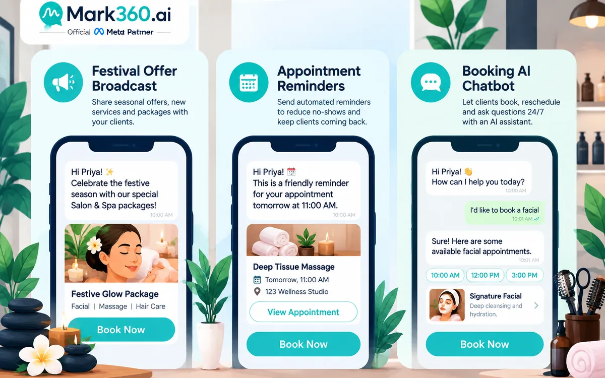 WhatsApp for Salons & Spas: Booking Chatbots, Reminder Drips & Offer Broadcasts — card