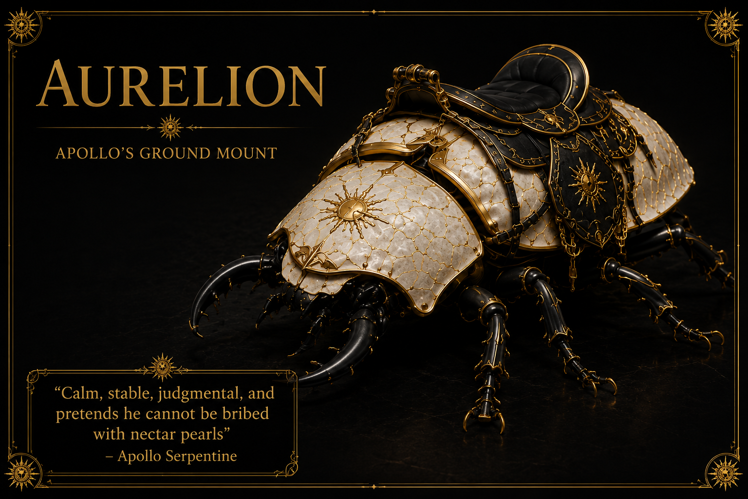 Aurelion, Apollo's pearl-white and gold scarab beetle ground mount with black and gold tack