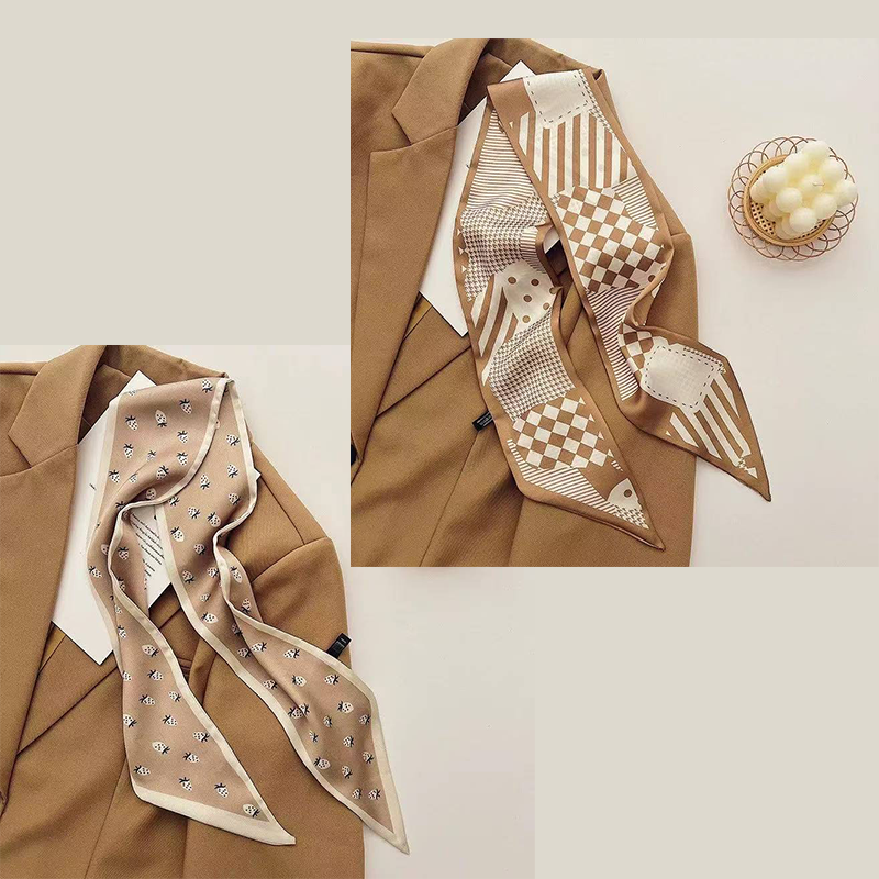 2-piece Coffee Geometry and Strawberry French Style Long Silk Scarf - Coffee Print - Versatile Skinny Neck Ribbon, Hair Tie, Bag Handle Accessory, Elegant Office Wear, Lightweight Polyester