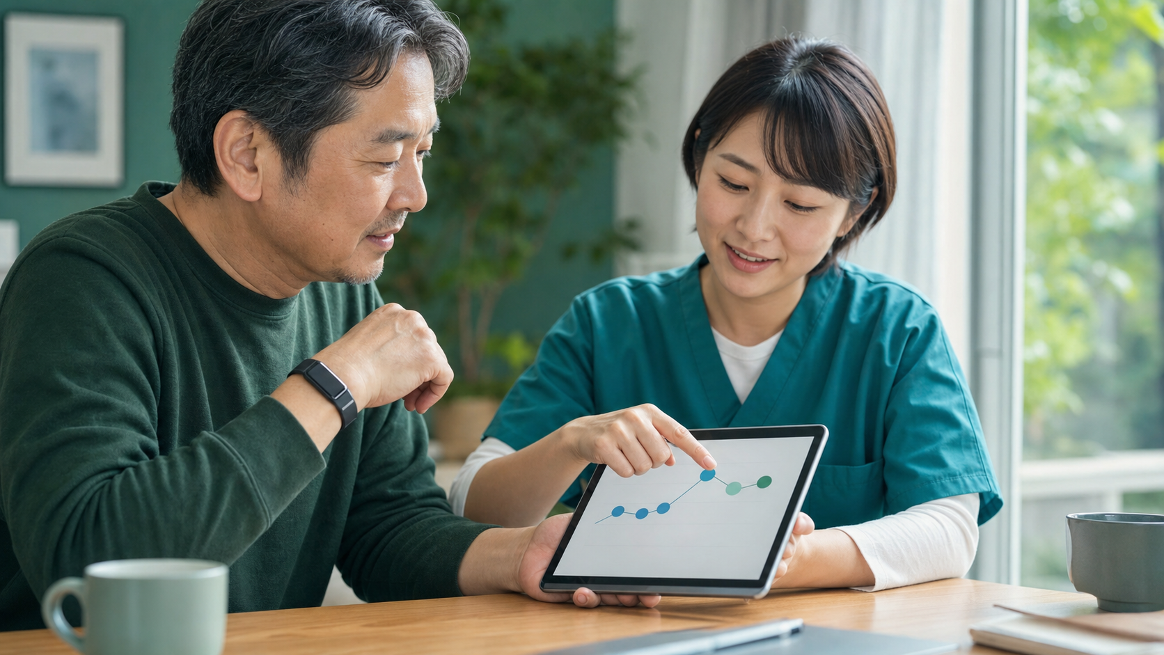 活動データを見ながら生活目標を相談する場面