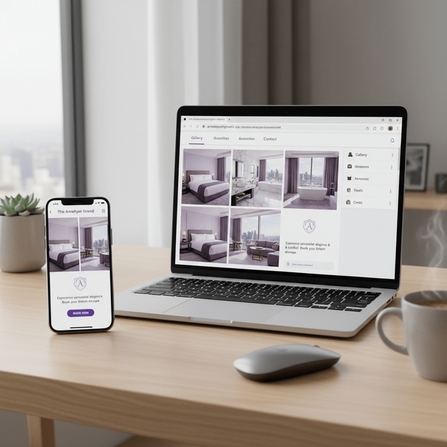 Luxury hotel feed setup on phone and laptop with booking link