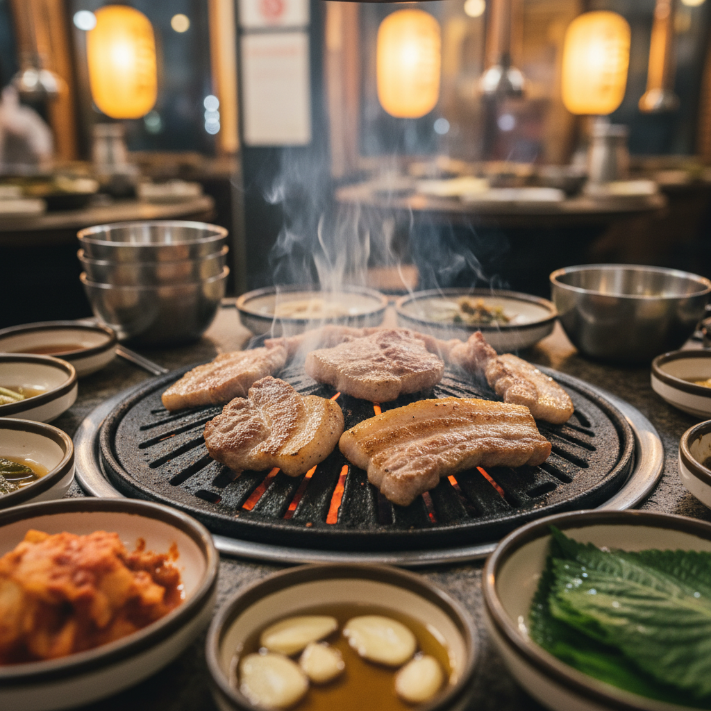 식당 테이블 위에서 맛있게 구워지고 있는 난축맛돈 고기 상차림