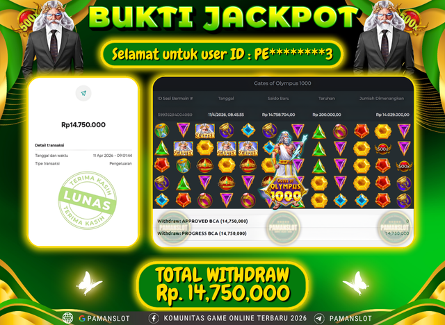 Selamat kepada Member PAMANSLOT Game Gates Of Olympus 1000  : PE********3