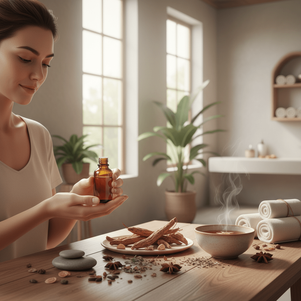 A calm morning wellness scene with ashwagandha oil and herbal roots