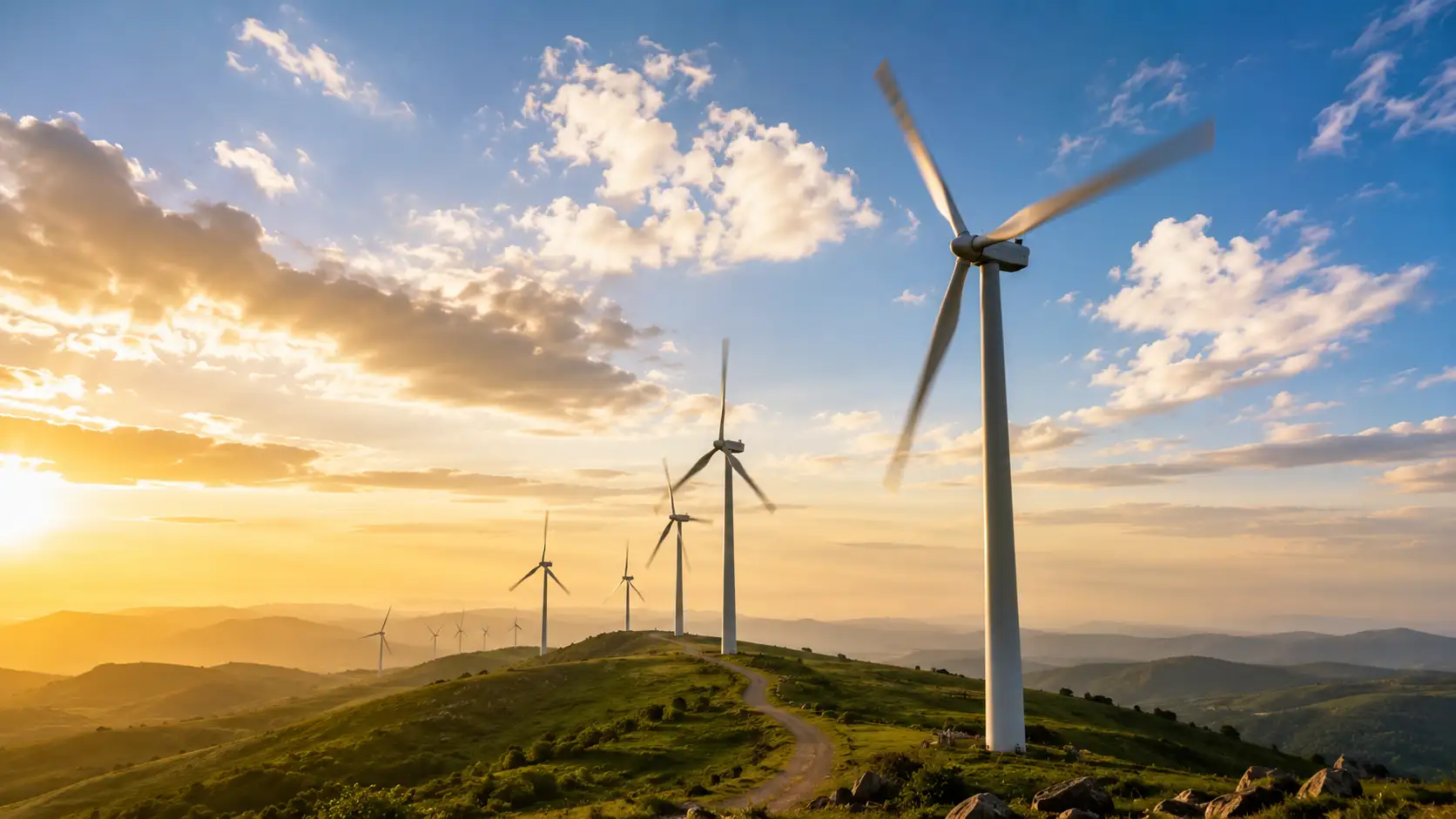 Wind turbines standing across a green hilly landscape at golden hour