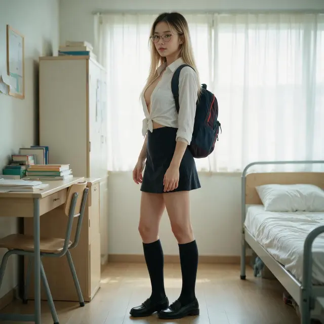 A girl with tied-up shirt, mini-skirt, knee high socks, loafers, wearing glasses, carrying backpack, cleavage, standing in a college dorm room, side view