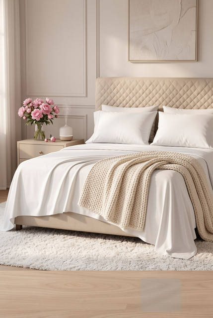 Crisp white hotel style bedding