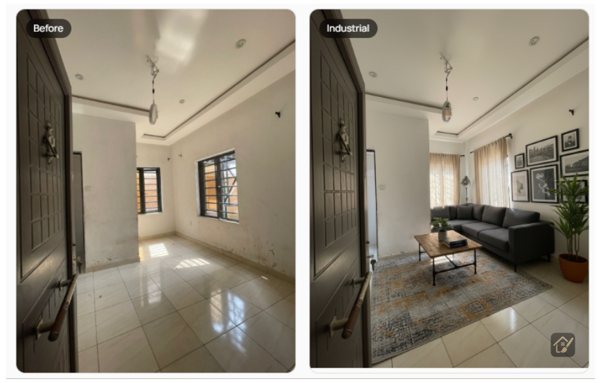 industrial living room design before and after empty space makeover AI interior design