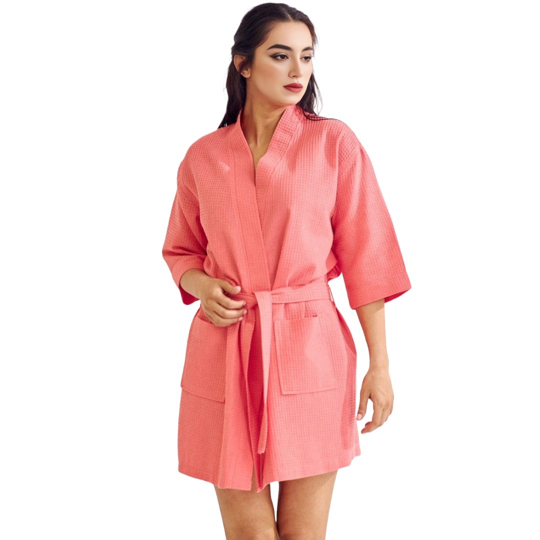 Women's Short Cotton Blend Waffle Kimono Peach Pink Bathrobe (Small/ Medium) view 2