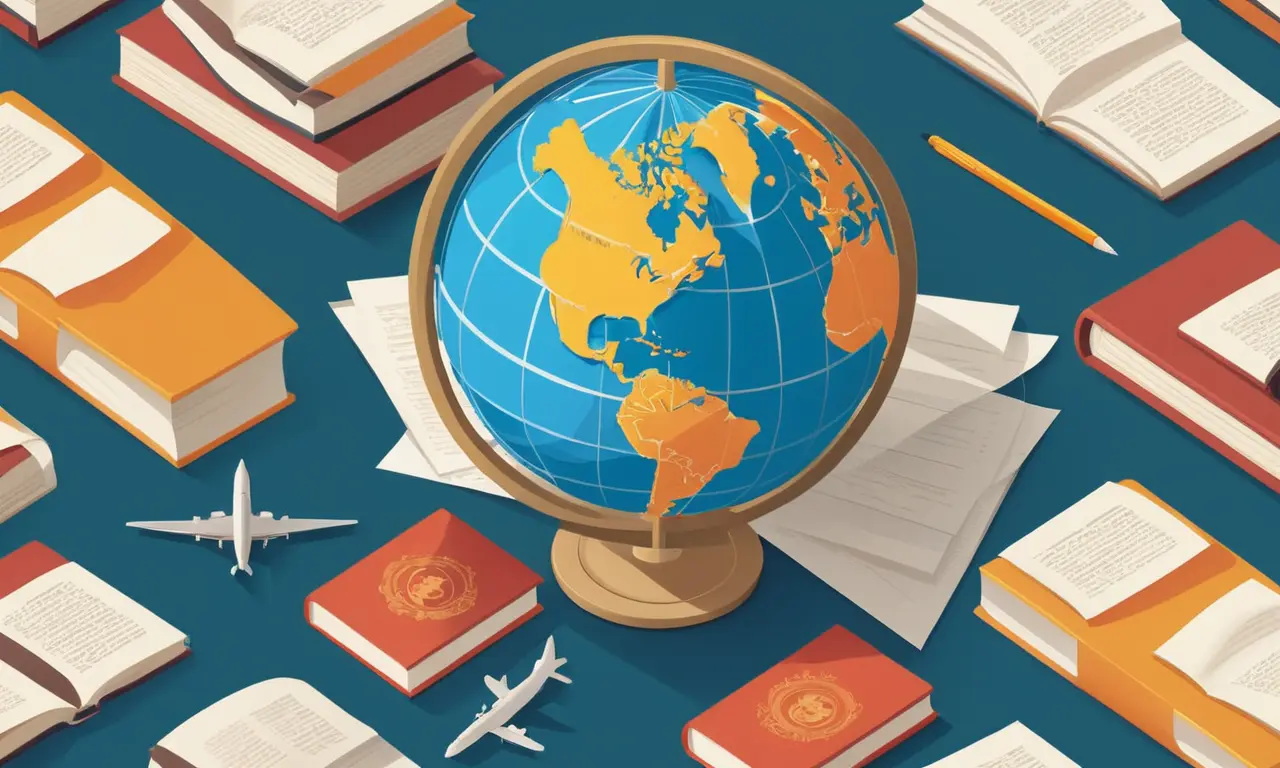 Un globo rodeado de libros y papeles, simbolizando la influencia de la educación en la estandarización del lenguaje.