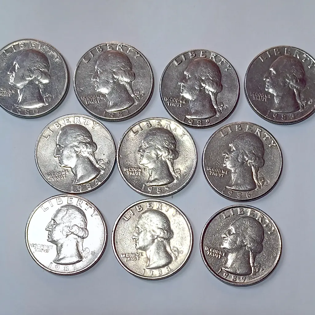 Lote com 10 Moedas Quarter Dollar EUA 1980 a 1989 – Série Completa – BC/MBC - Foto 3