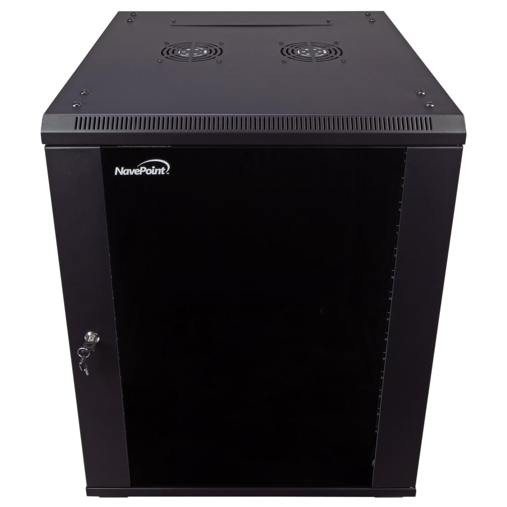 NavePoint 15U Server Cabinet Wall Mount Rack Enclosure with Caster Wheels, 2 Fans, Locking Glass Door, Removable Side Panels – 15U Network Cabinet 23.6” Deep, 19” Server Rack for IT Equipment