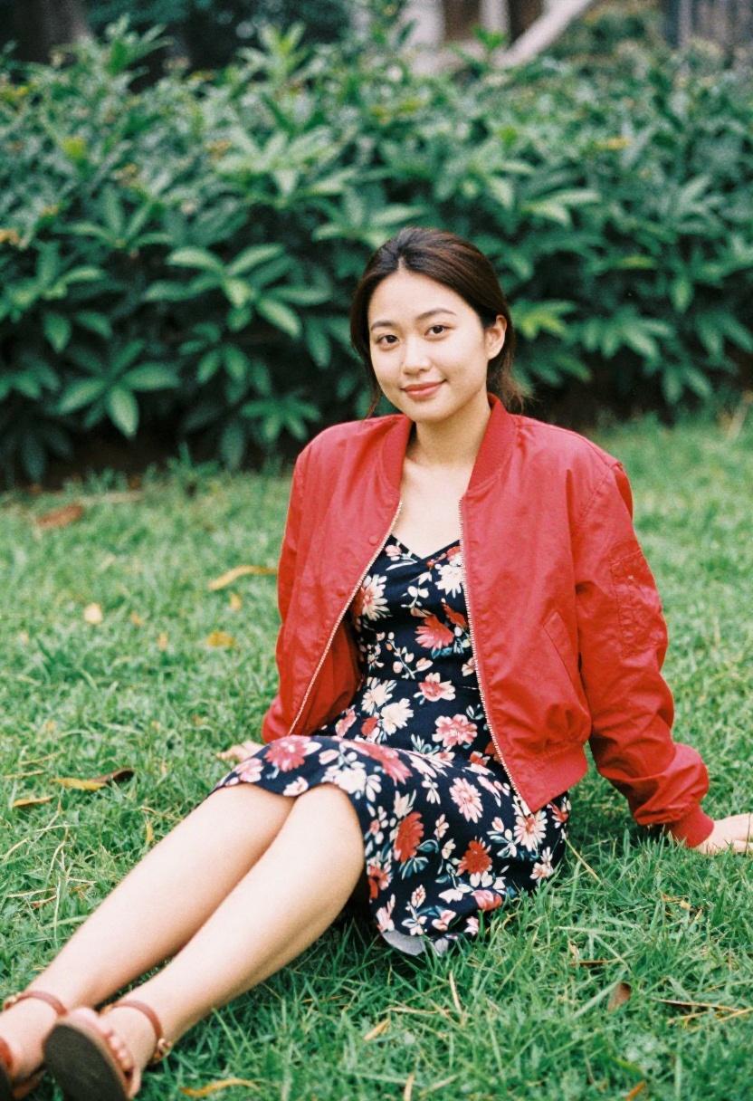 Cherry red bomber jacket layered over a floral slip dress for a spring garden look