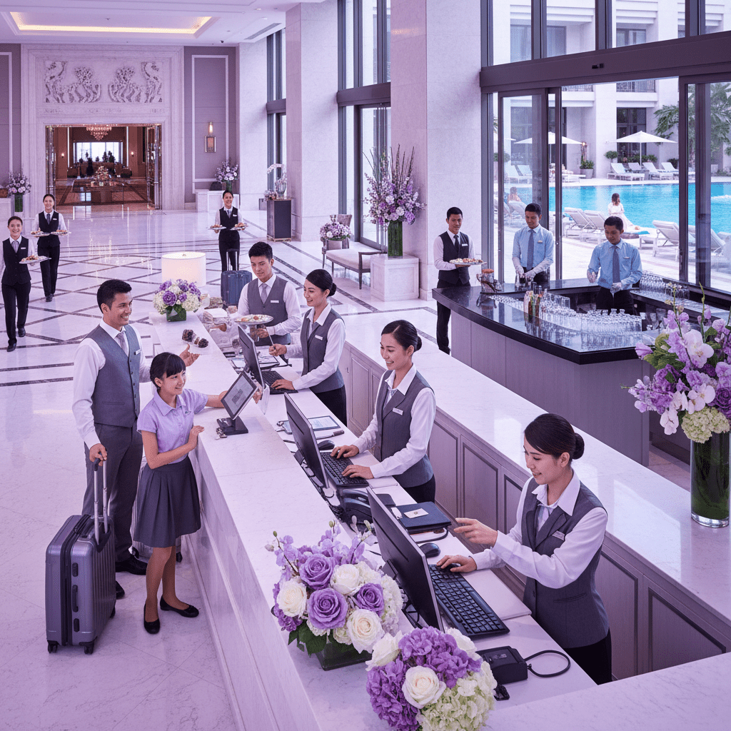 Hotel team managing front desk, banquet, and pool bar shifts in a busy resort